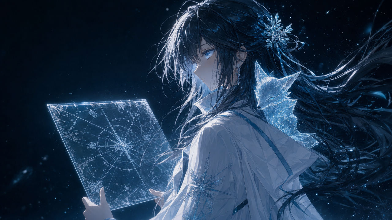 Aoi studying a frost-etched glass chart in ice light.