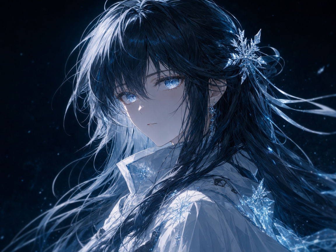 Close portrait of Aoi, ice-blue eyes catching cyan rim light.