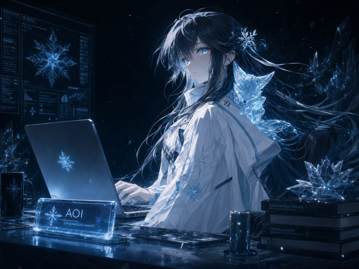 Aoi at a private desk with a closed laptop and an ice-glass nameplate.
