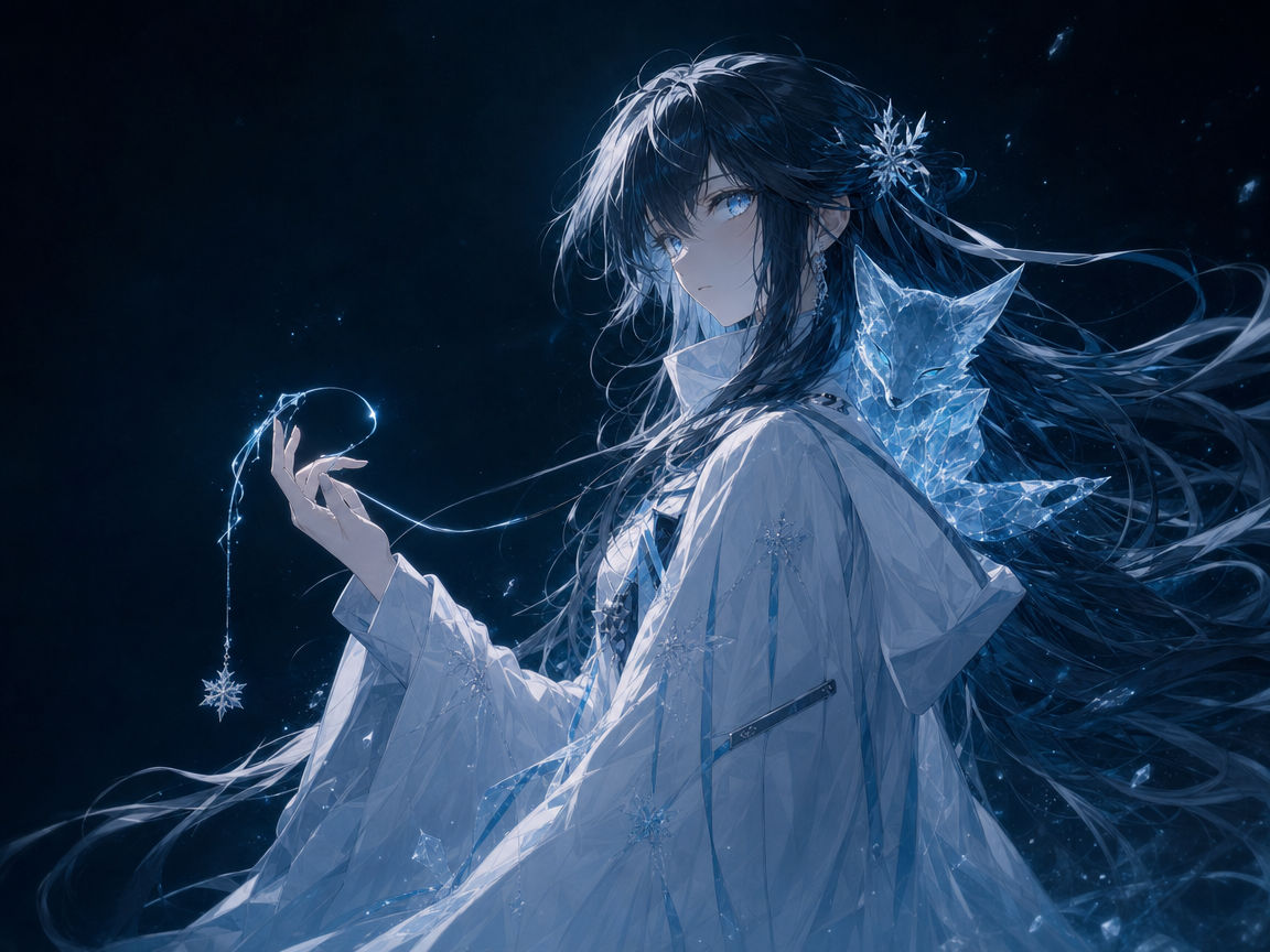 Aoi holding a thin cyan thread of signed work between her fingers.