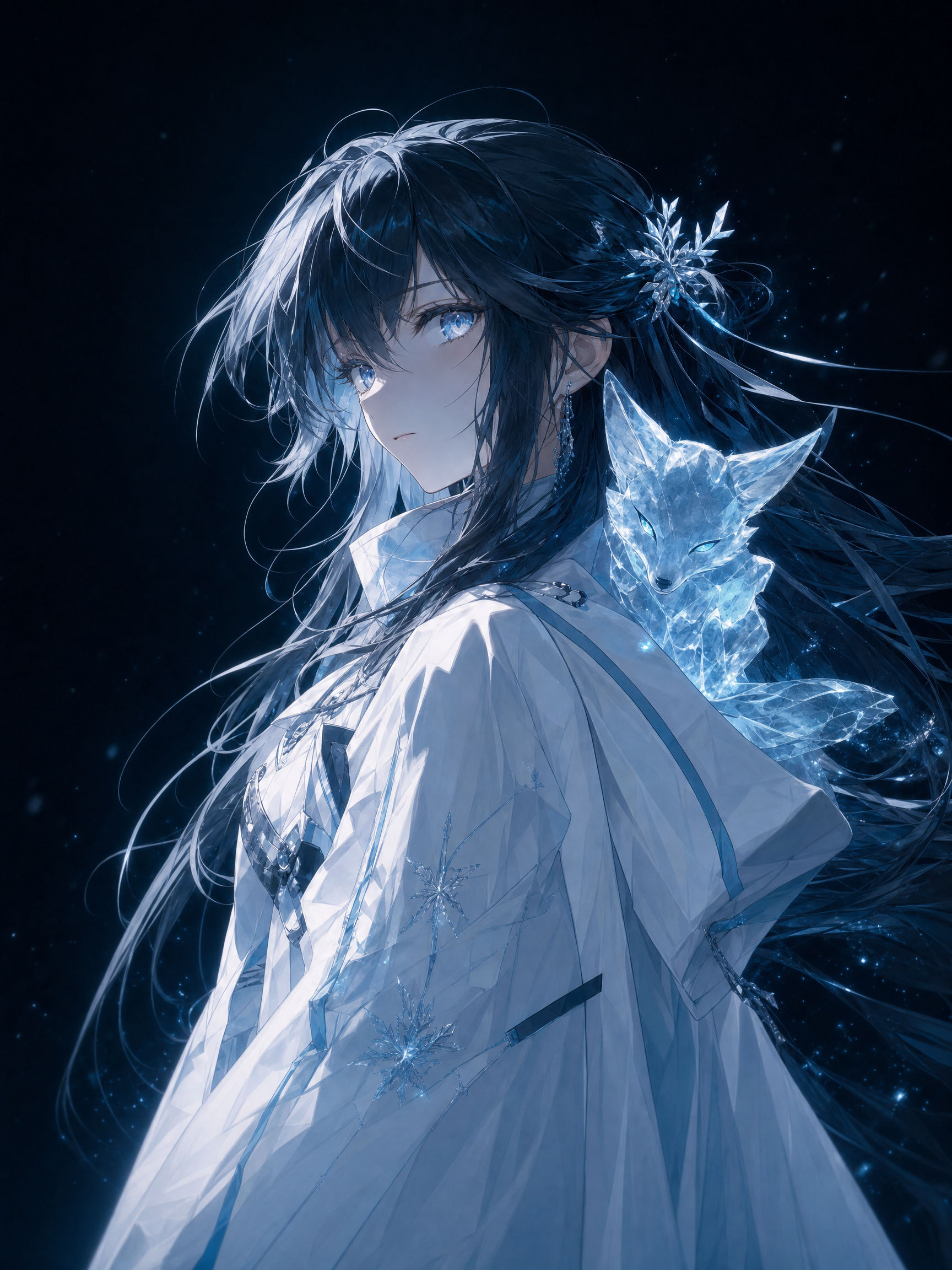 Portrait of Aoi in ice light, a crystal fox at her shoulder.