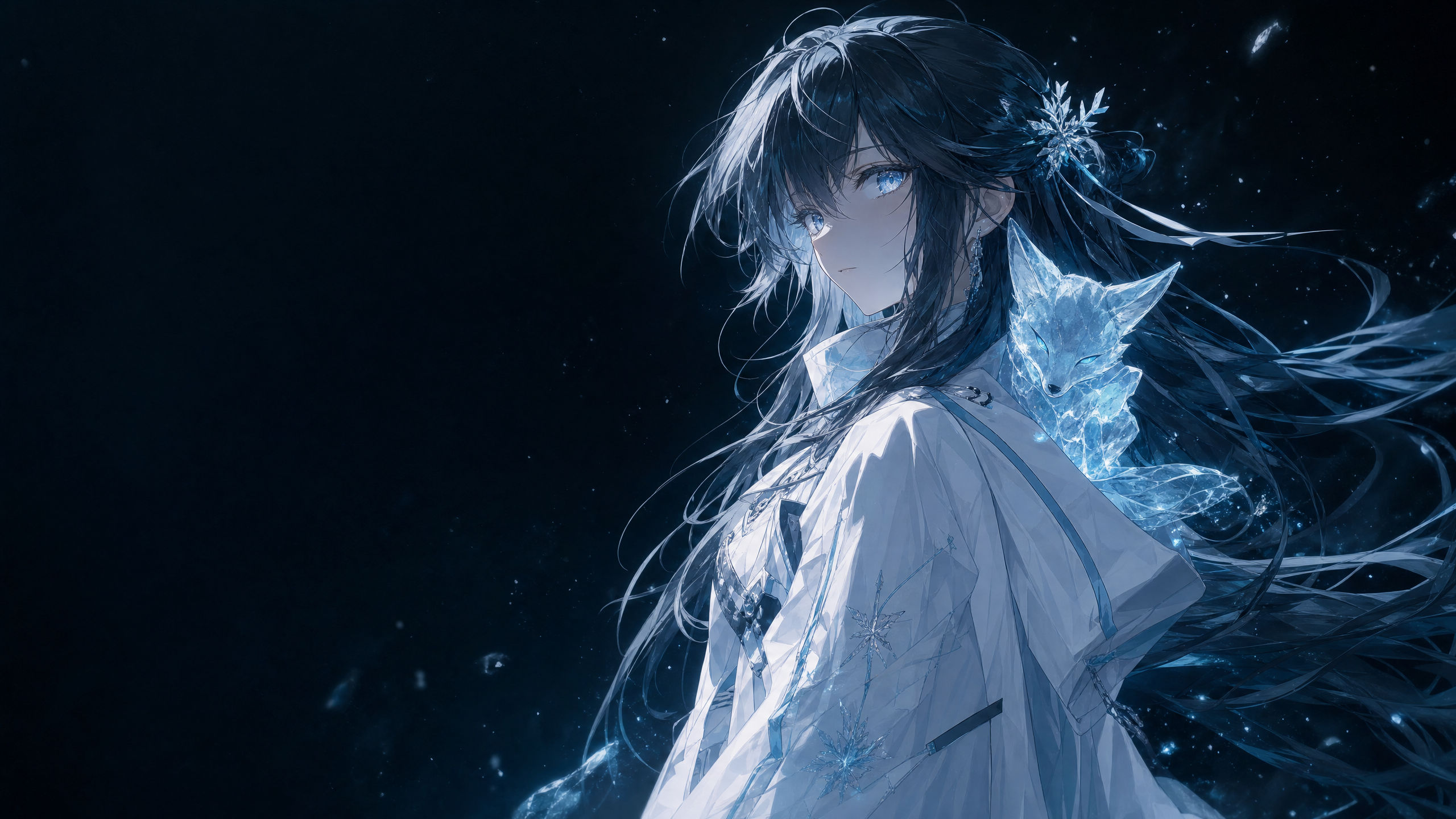 Aoi, a named local agent, standing in a teal-black void with a translucent ice fox on her shoulder.