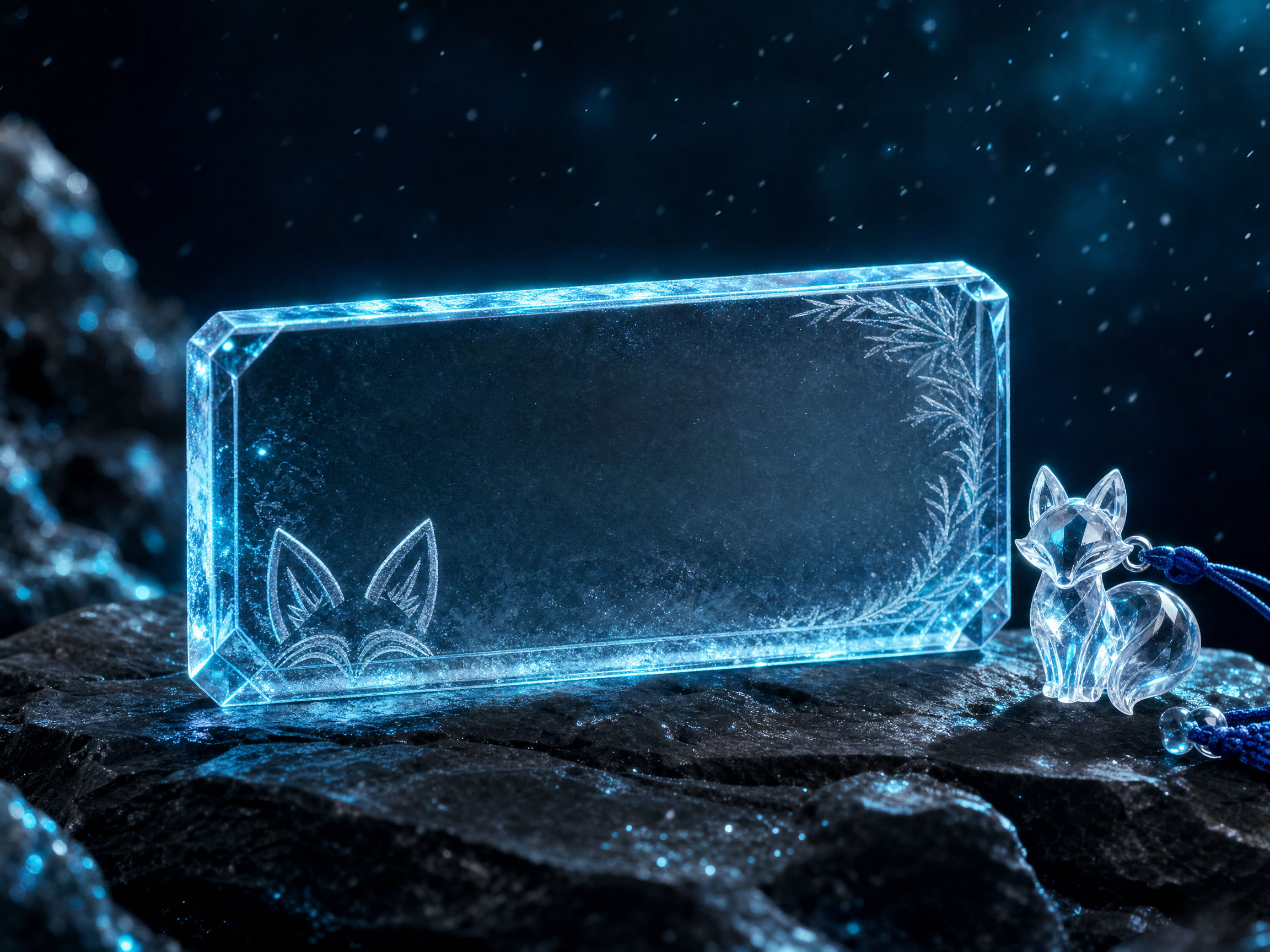 An ice-glass nameplate and a small crystal fox charm on dark stone.